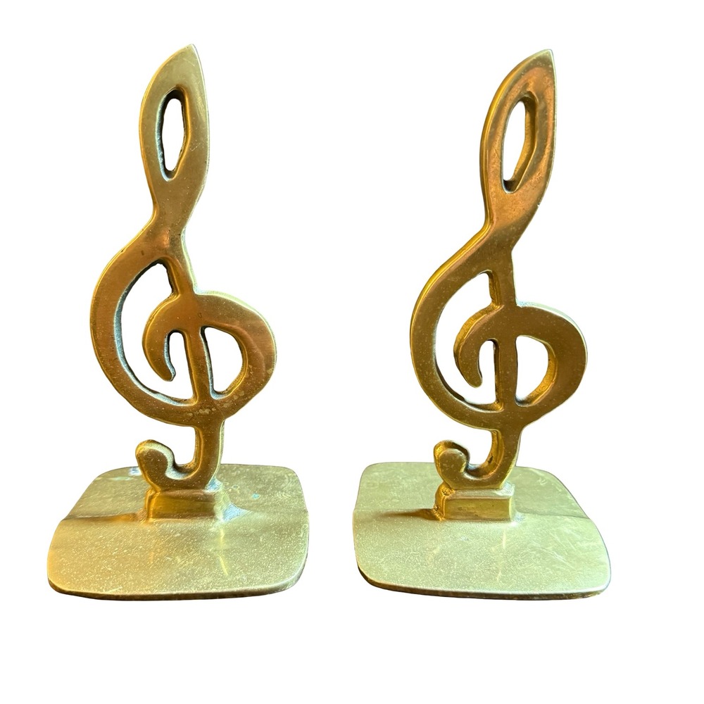 Vintage Brass Treble Clef Bookends 6" Music Decor Gold Tone Musical Note Set MCM